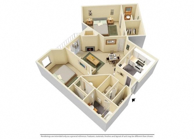 Floor plan for 2 beds, 2 baths, 1101 sqft